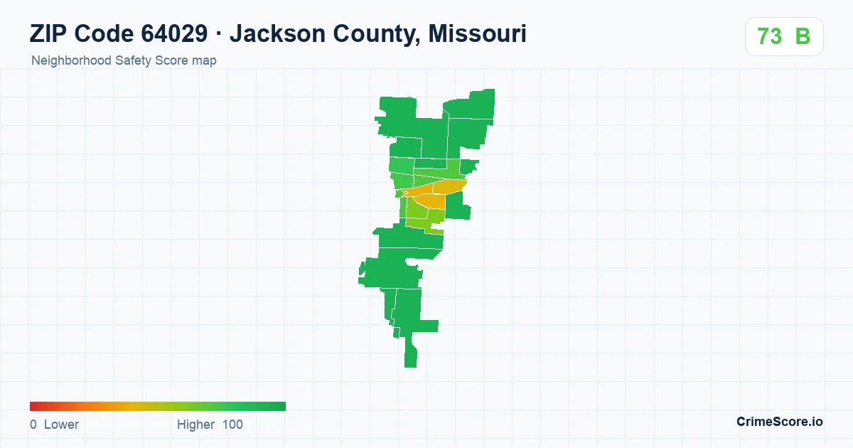 ZIP Code 64029 in Jackson County, Missouri neighborhood Safety Score map