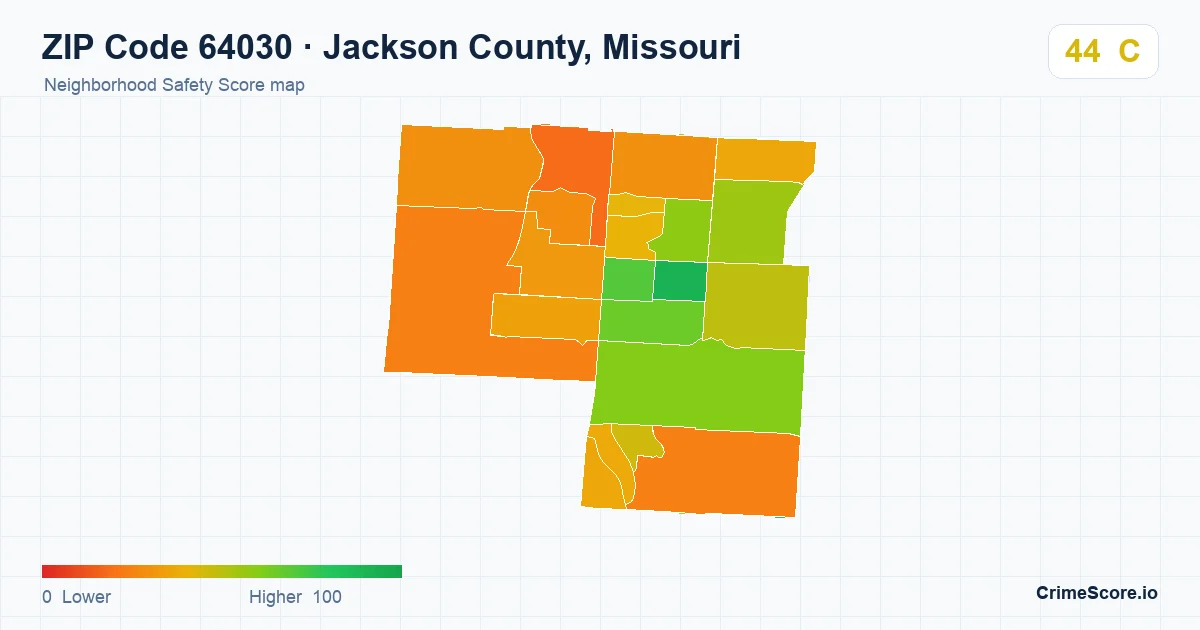 ZIP Code 64030 in Jackson County, Missouri neighborhood Safety Score map