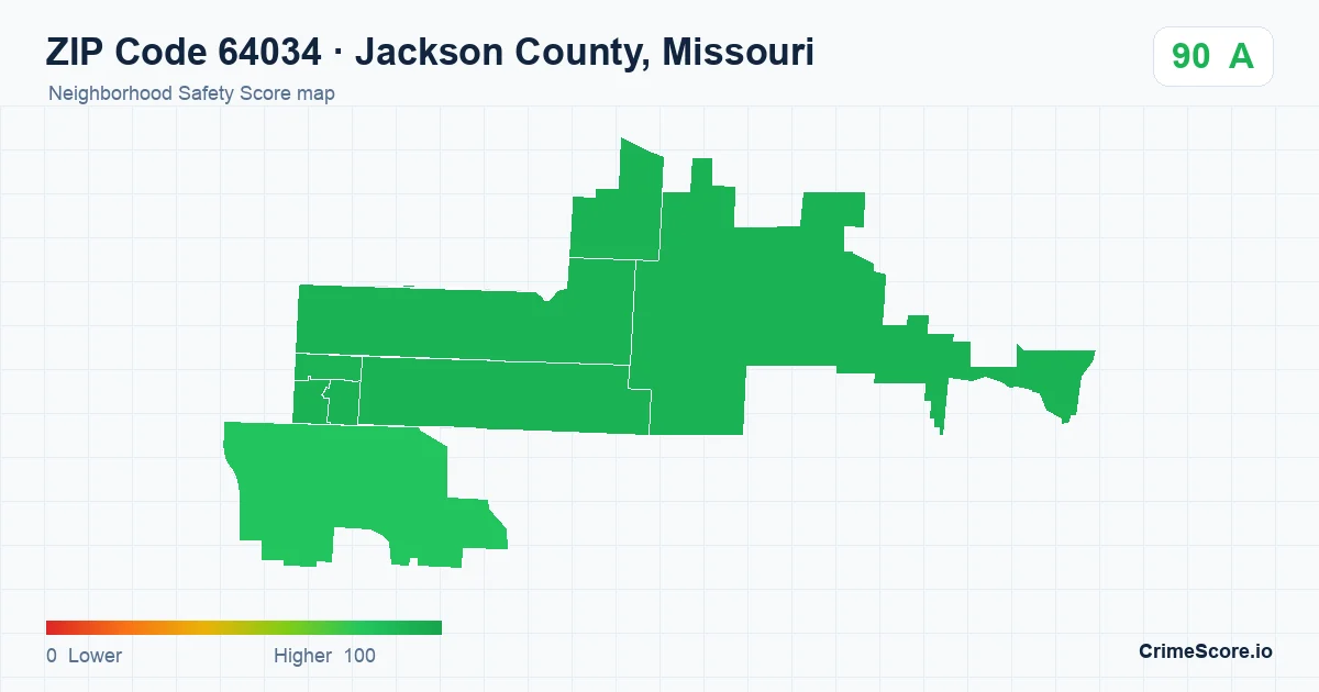 ZIP Code 64034 in Jackson County, Missouri neighborhood Safety Score map