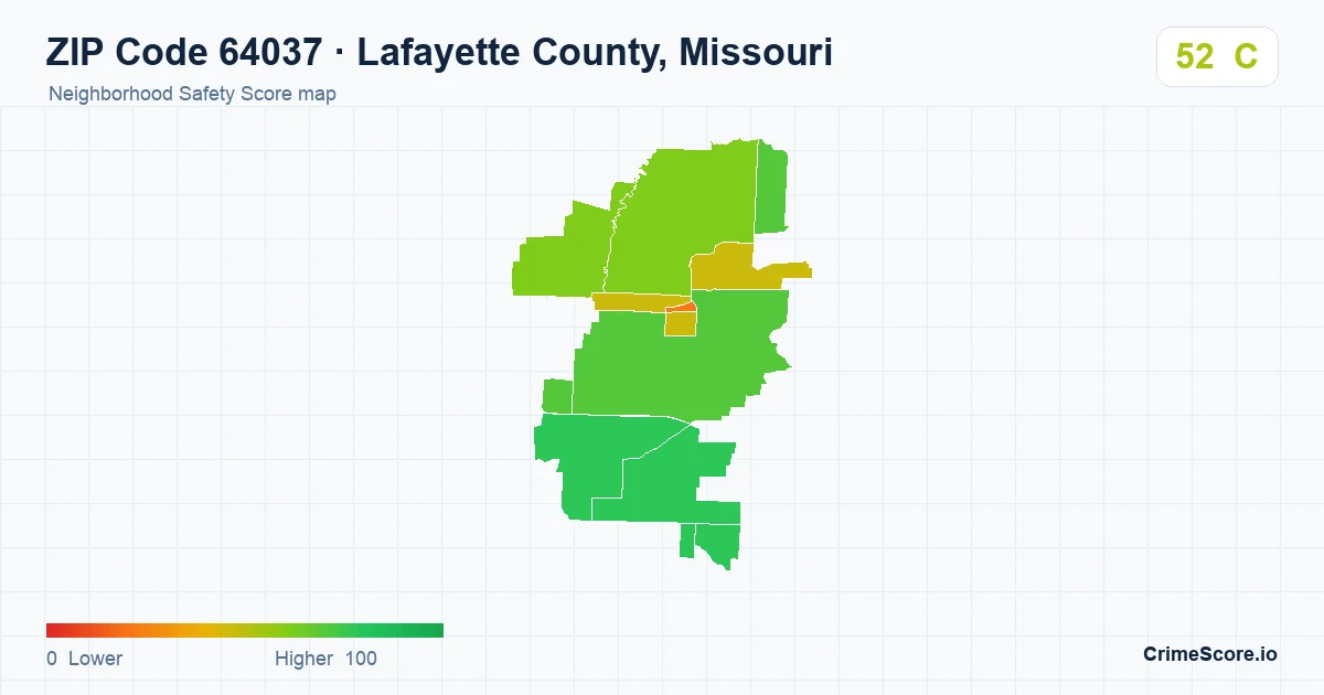 ZIP Code 64037 in Lafayette County, Missouri neighborhood Safety Score map