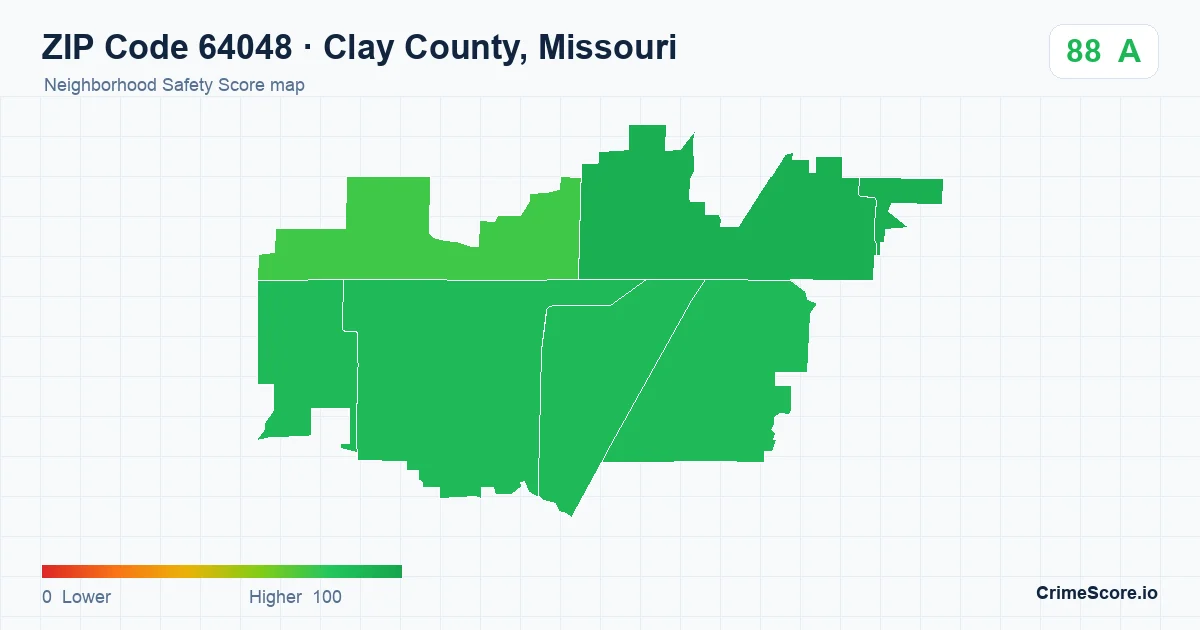 ZIP Code 64048 in Clay County, Missouri neighborhood Safety Score map