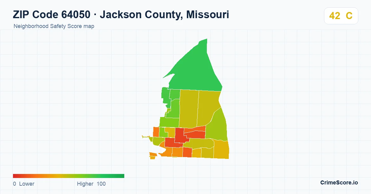 ZIP Code 64050 in Jackson County, Missouri neighborhood Safety Score map