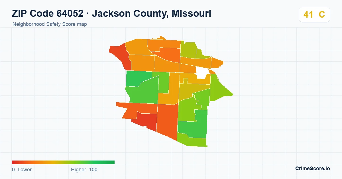 ZIP Code 64052 in Jackson County, Missouri neighborhood Safety Score map
