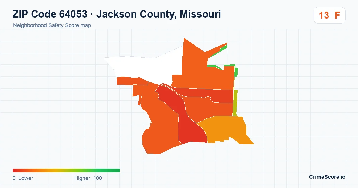 ZIP Code 64053 in Jackson County, Missouri neighborhood Safety Score map
