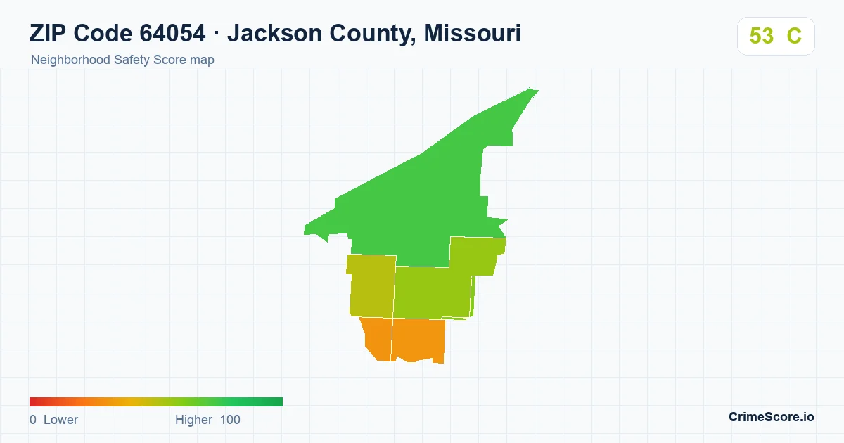 ZIP Code 64054 in Jackson County, Missouri neighborhood Safety Score map