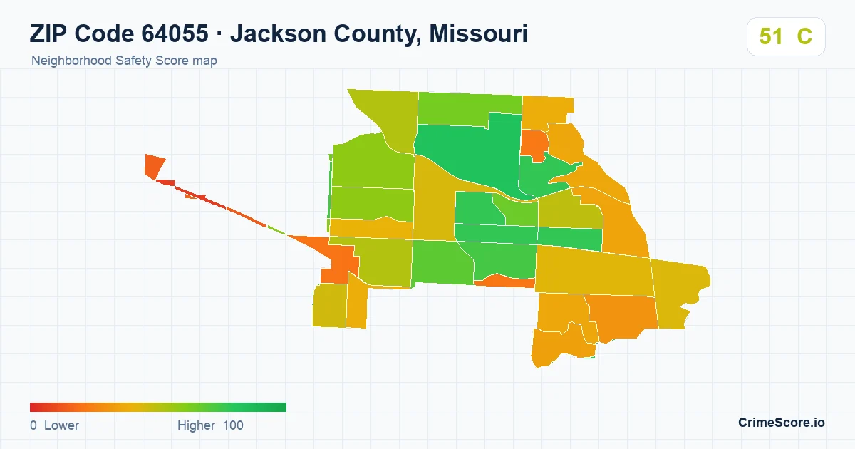 ZIP Code 64055 in Jackson County, Missouri neighborhood Safety Score map