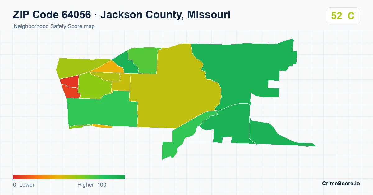 ZIP Code 64056 in Jackson County, Missouri neighborhood Safety Score map