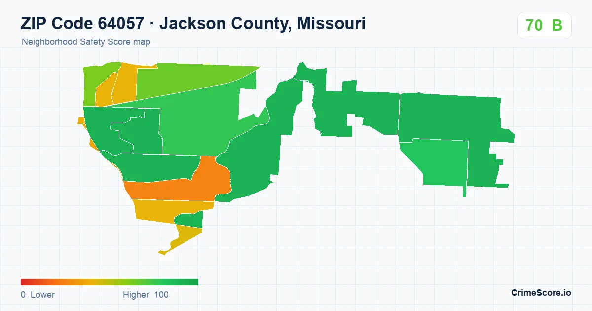 ZIP Code 64057 in Jackson County, Missouri neighborhood Safety Score map