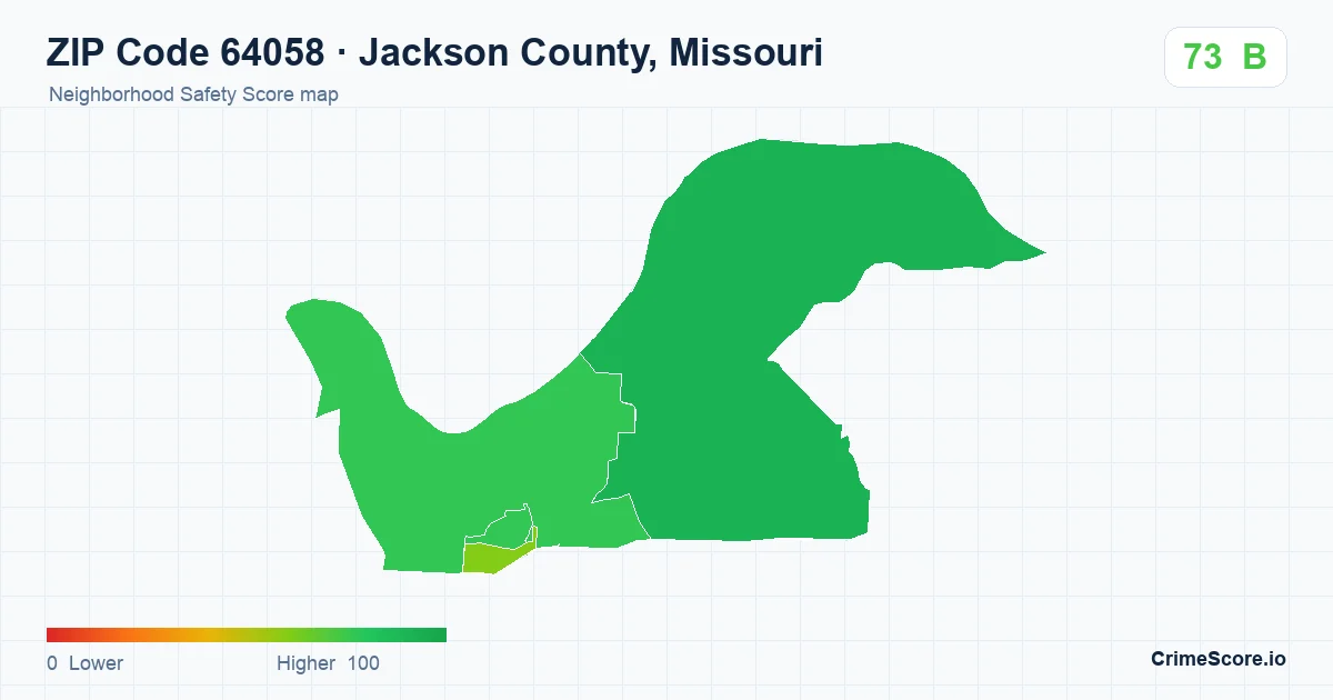 ZIP Code 64058 in Jackson County, Missouri neighborhood Safety Score map