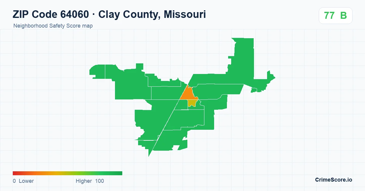 ZIP Code 64060 in Clay County, Missouri neighborhood Safety Score map