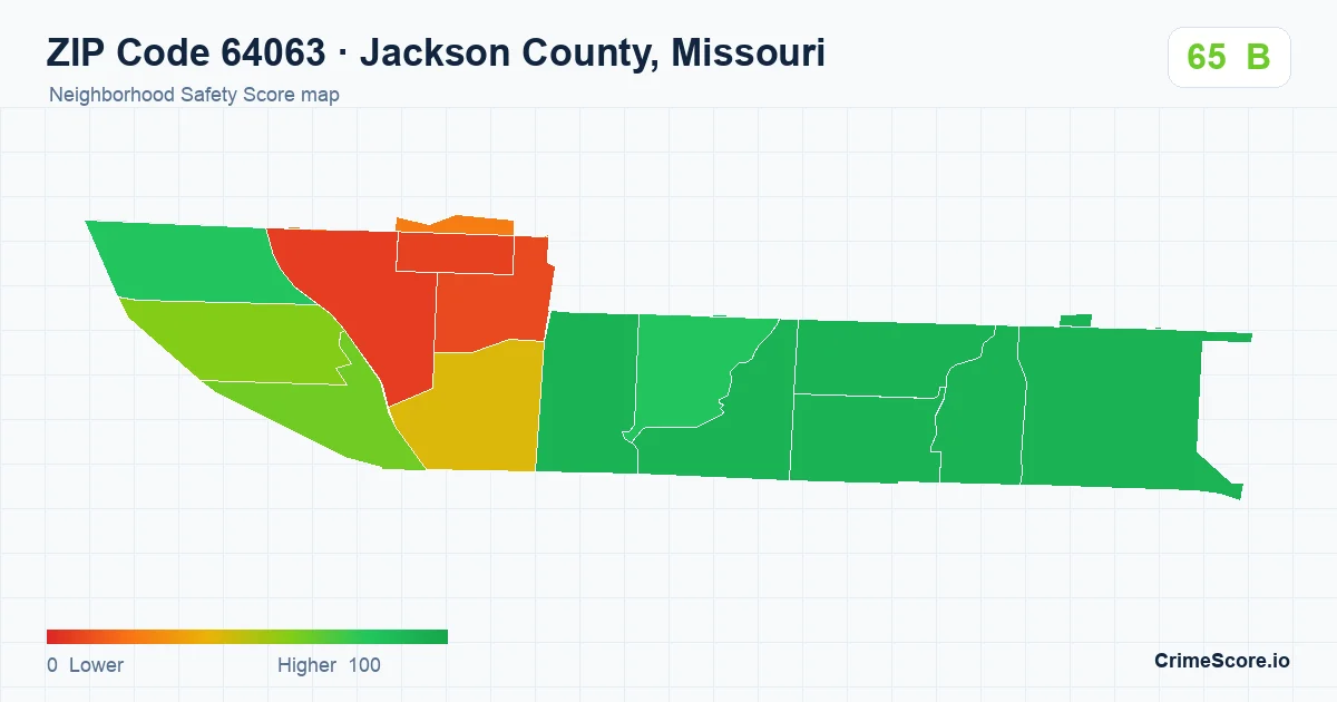 ZIP Code 64063 in Jackson County, Missouri neighborhood Safety Score map