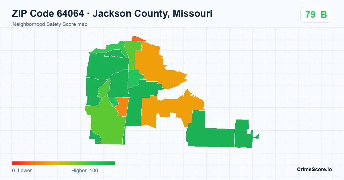 ZIP Code 64064 in Jackson County, Missouri neighborhood Safety Score map