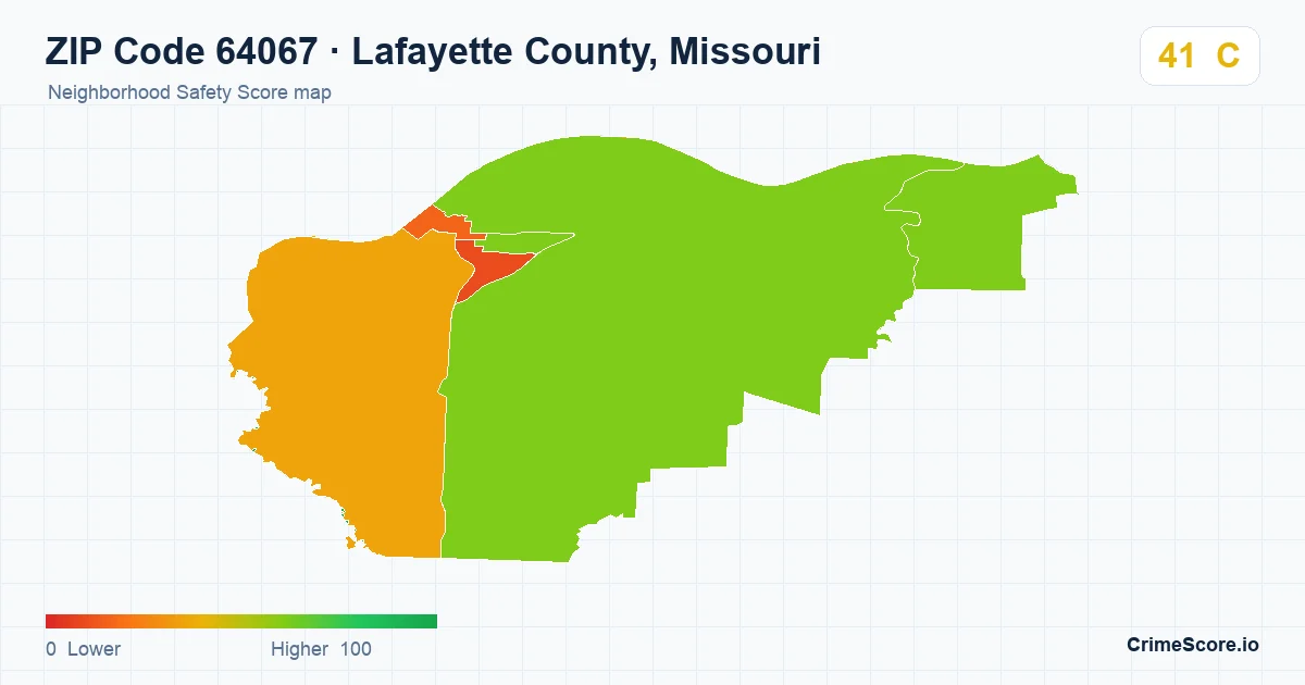 ZIP Code 64067 in Lafayette County, Missouri neighborhood Safety Score map