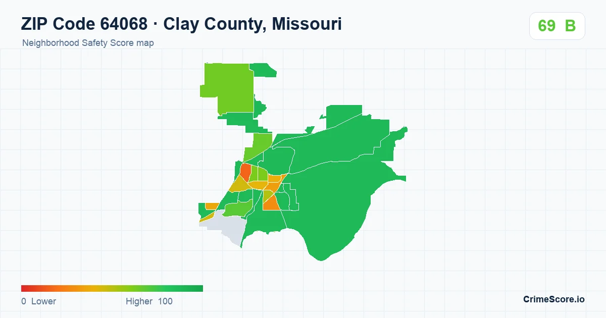 ZIP Code 64068 in Clay County, Missouri neighborhood Safety Score map