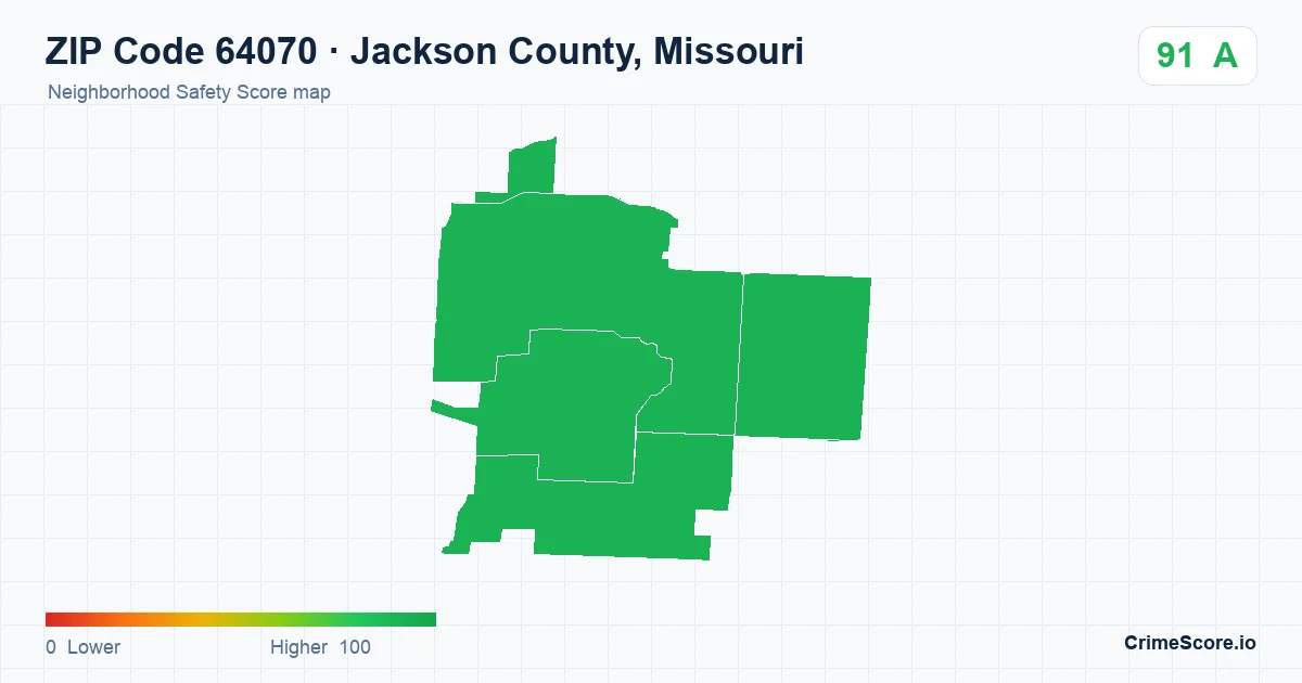 ZIP Code 64070 in Jackson County, Missouri neighborhood Safety Score map