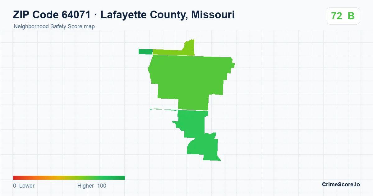 ZIP Code 64071 in Lafayette County, Missouri neighborhood Safety Score map