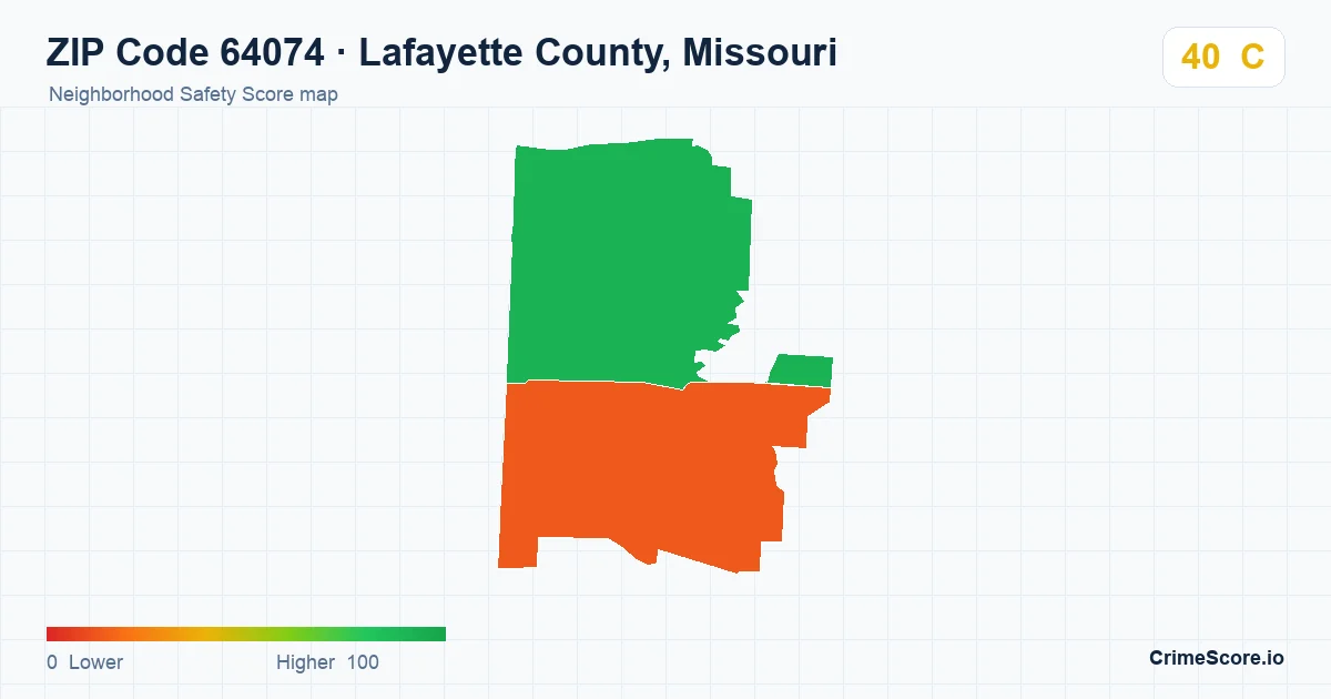 ZIP Code 64074 in Lafayette County, Missouri neighborhood Safety Score map