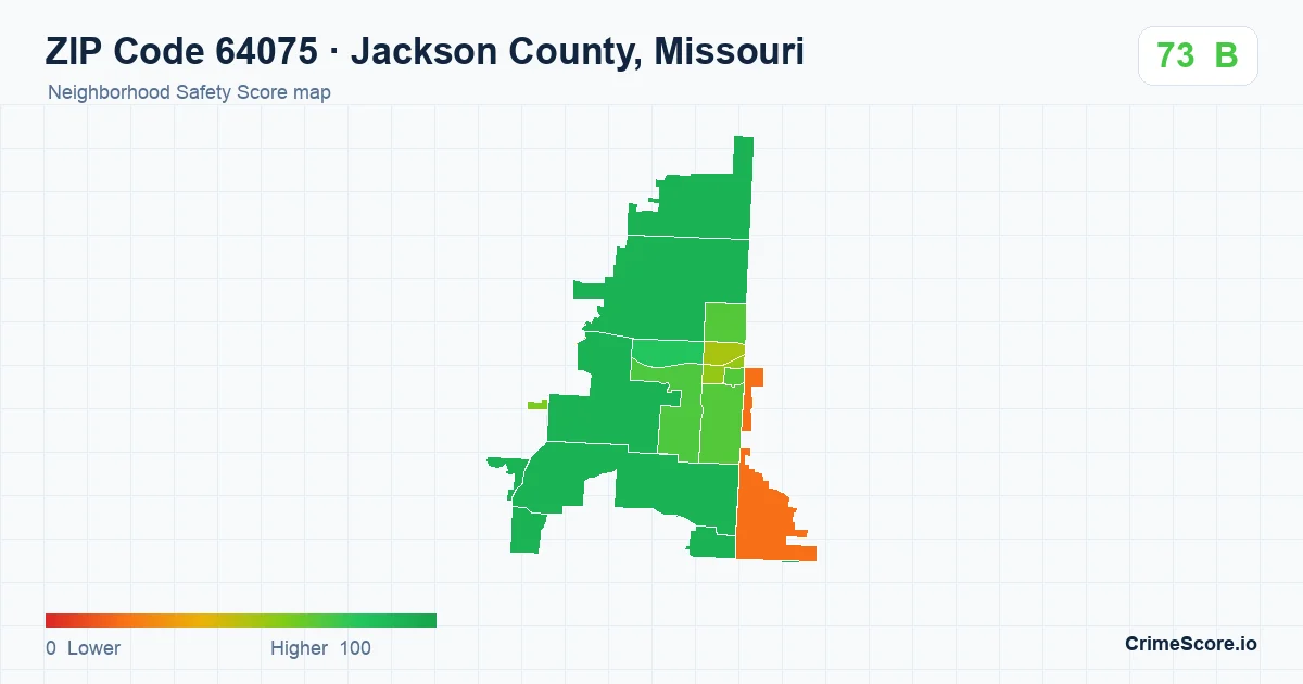 ZIP Code 64075 in Jackson County, Missouri neighborhood Safety Score map