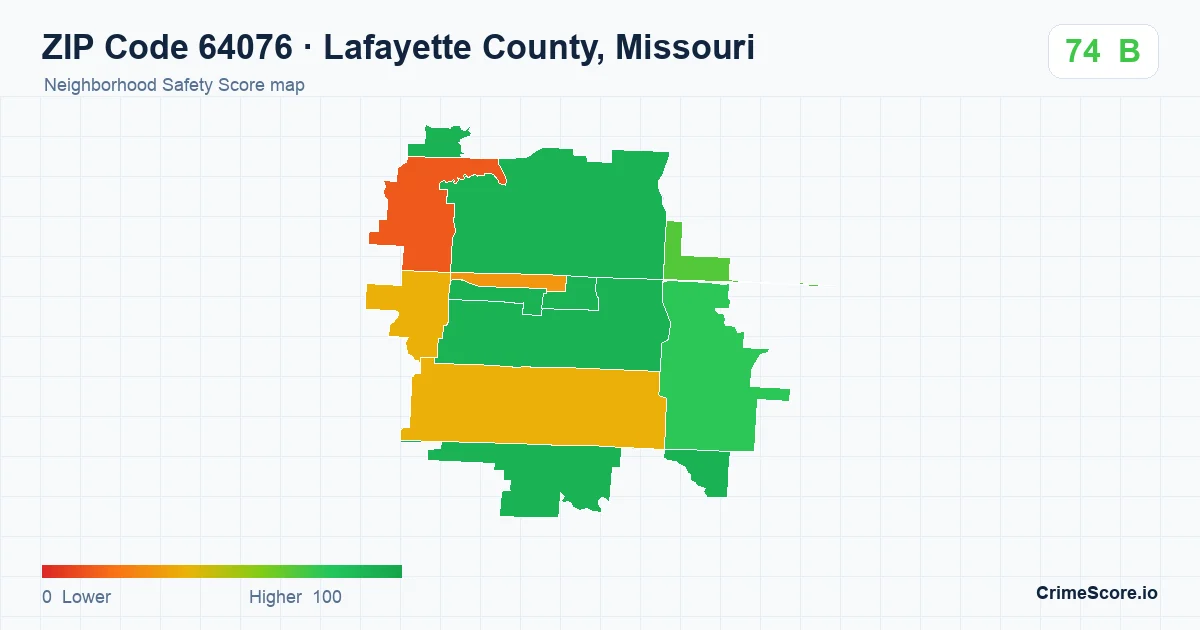 ZIP Code 64076 in Lafayette County, Missouri neighborhood Safety Score map