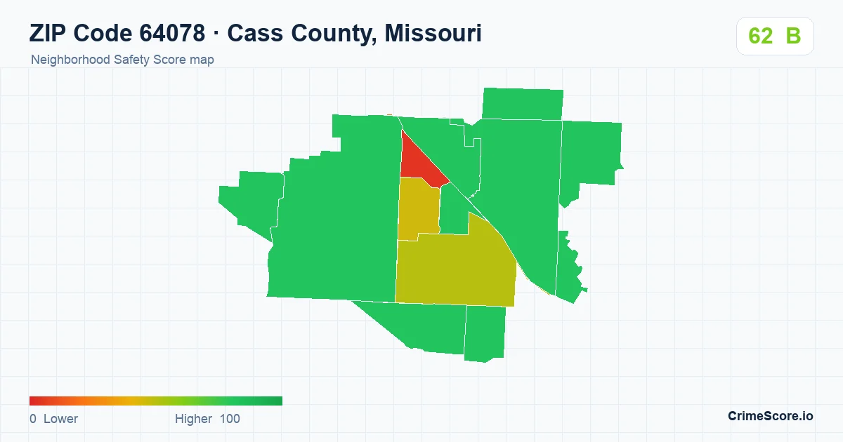 ZIP Code 64078 in Cass County, Missouri neighborhood Safety Score map