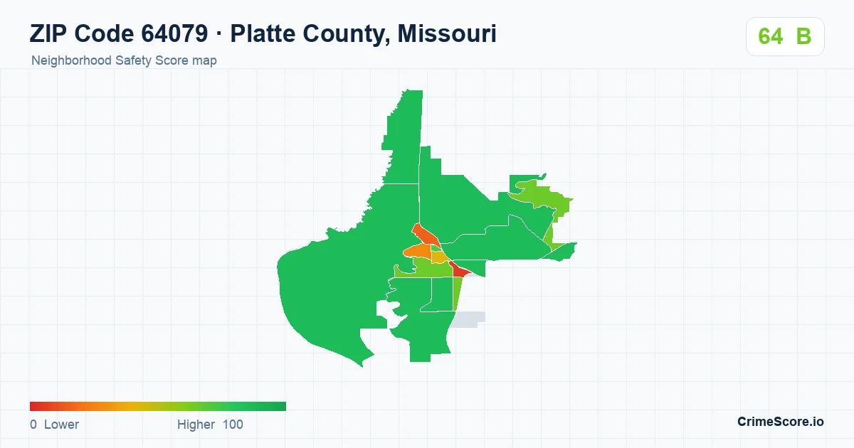 ZIP Code 64079 in Platte County, Missouri neighborhood Safety Score map