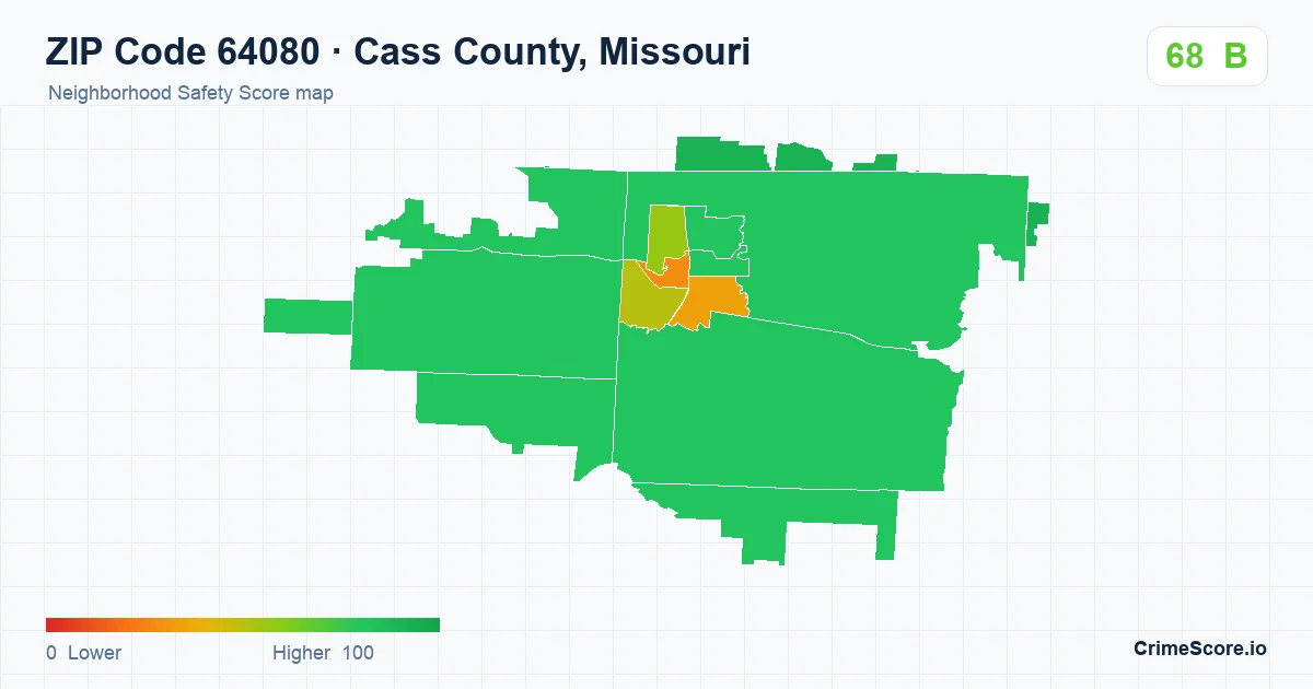 ZIP Code 64080 in Cass County, Missouri neighborhood Safety Score map