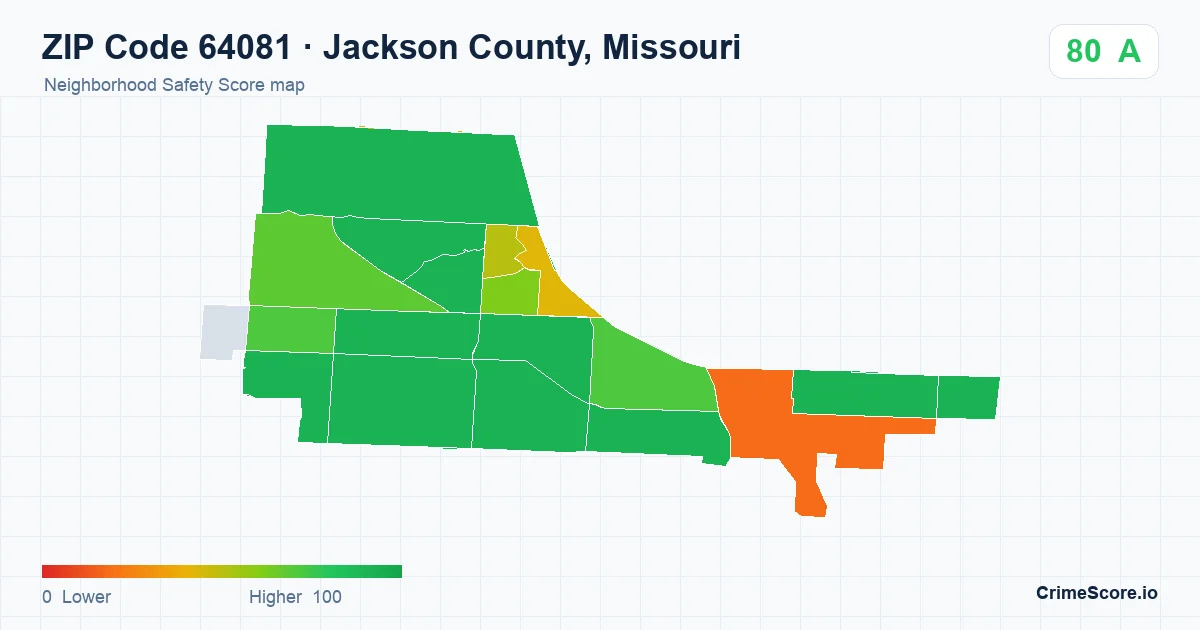 ZIP Code 64081 in Jackson County, Missouri neighborhood Safety Score map