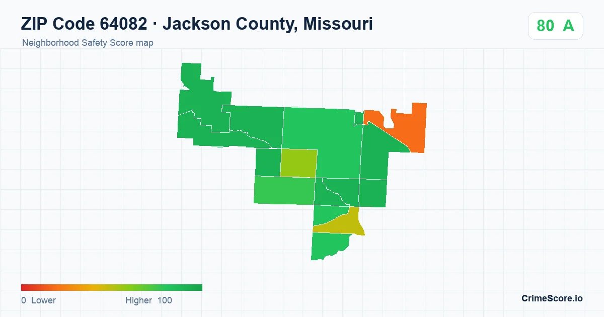 ZIP Code 64082 in Jackson County, Missouri neighborhood Safety Score map