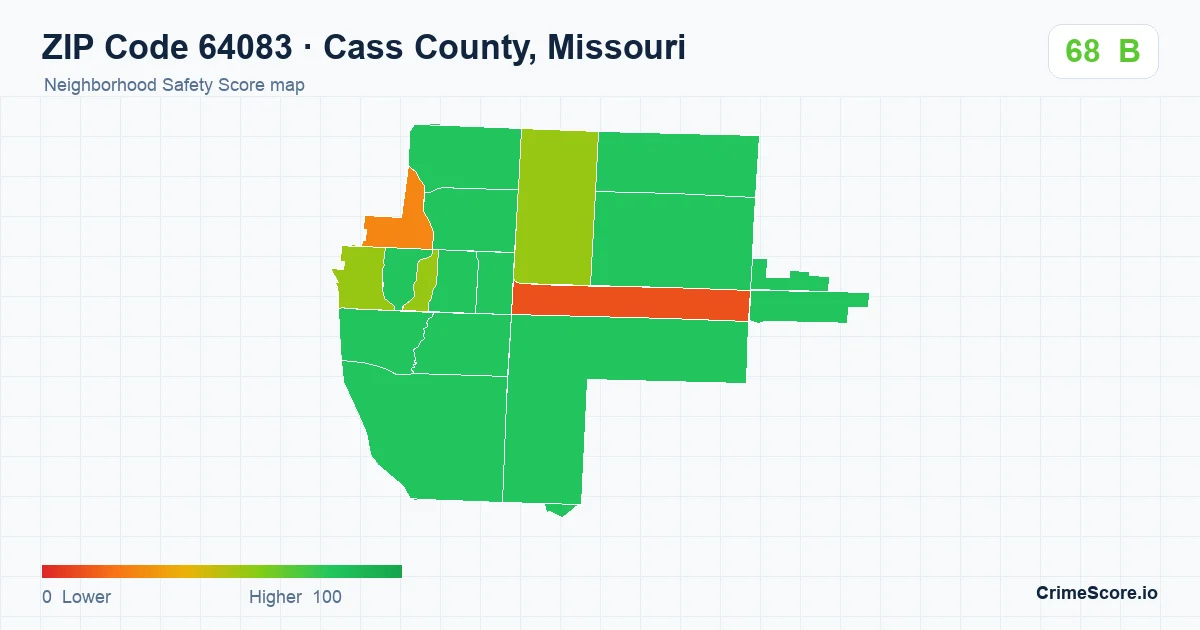 ZIP Code 64083 in Cass County, Missouri neighborhood Safety Score map