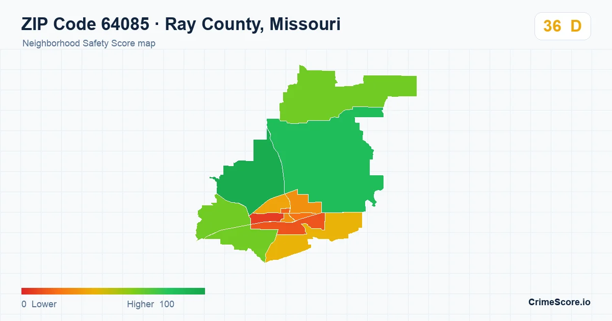 ZIP Code 64085 in Ray County, Missouri neighborhood Safety Score map