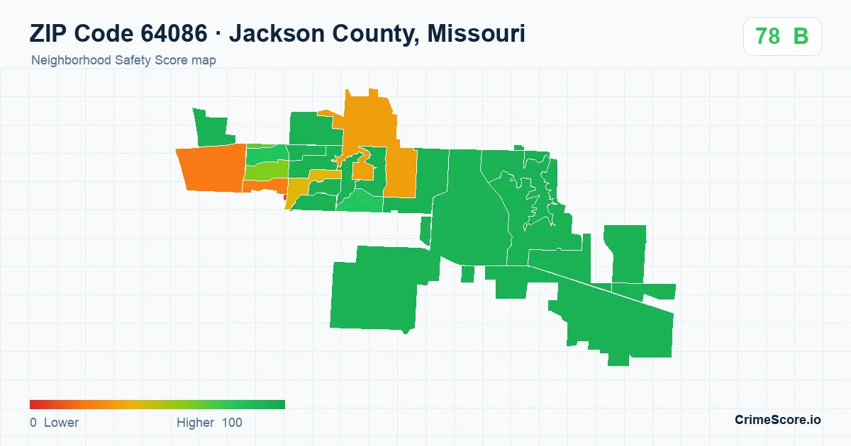 ZIP Code 64086 in Jackson County, Missouri neighborhood Safety Score map