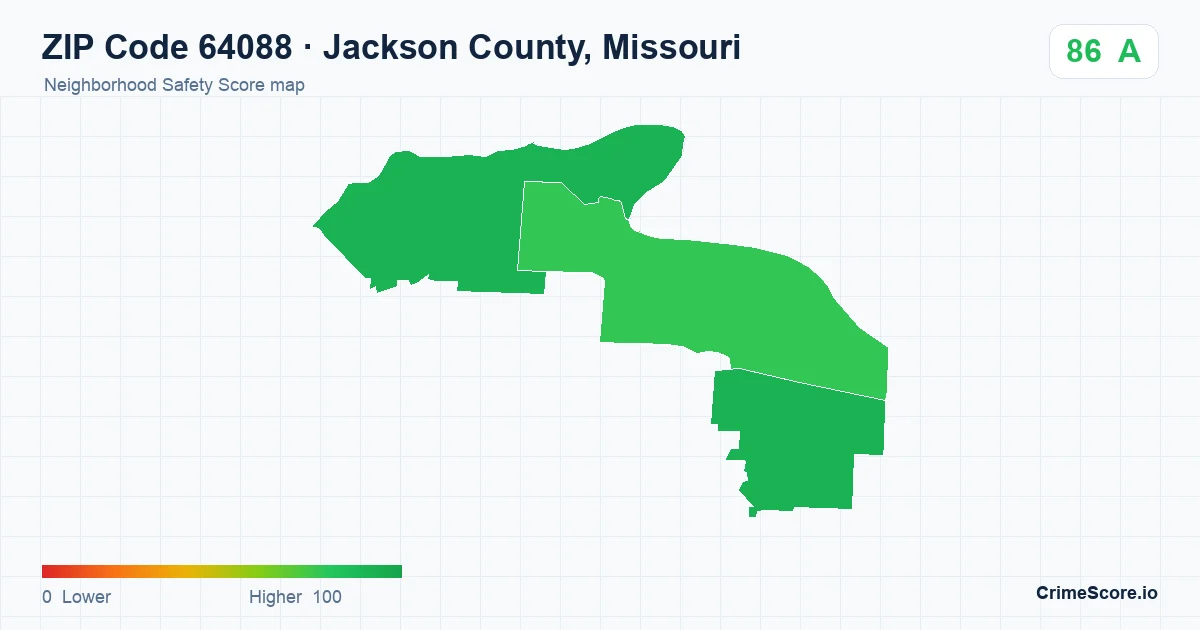 ZIP Code 64088 in Jackson County, Missouri neighborhood Safety Score map