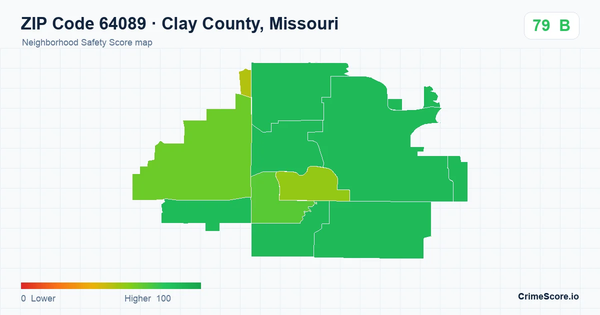 ZIP Code 64089 in Clay County, Missouri neighborhood Safety Score map