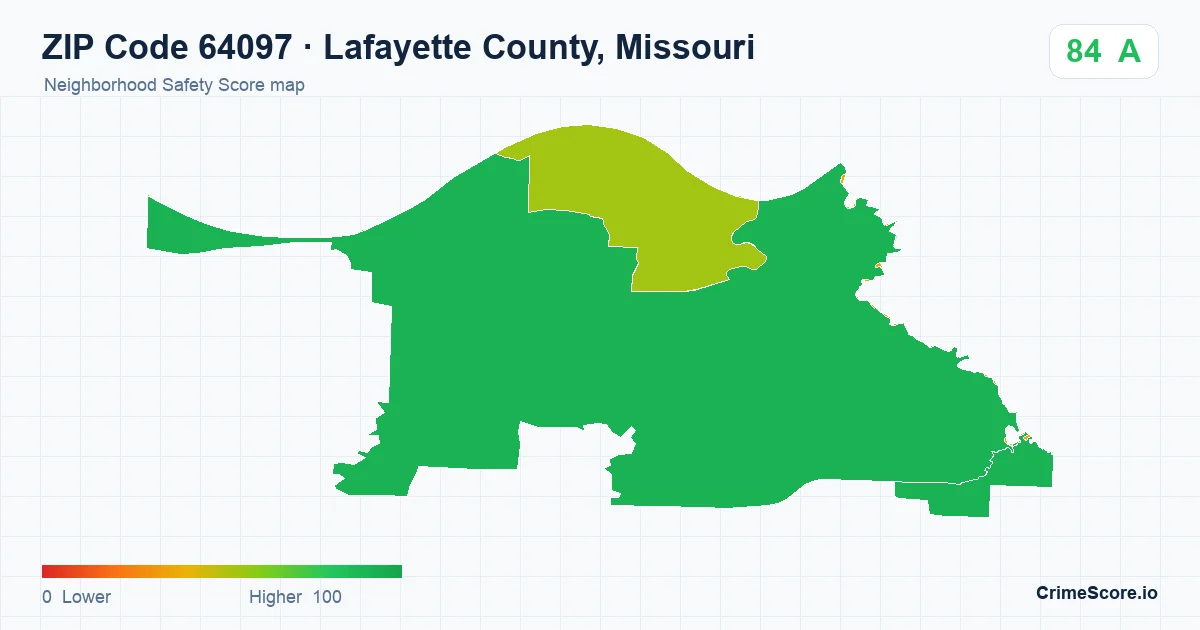 ZIP Code 64097 in Lafayette County, Missouri neighborhood Safety Score map