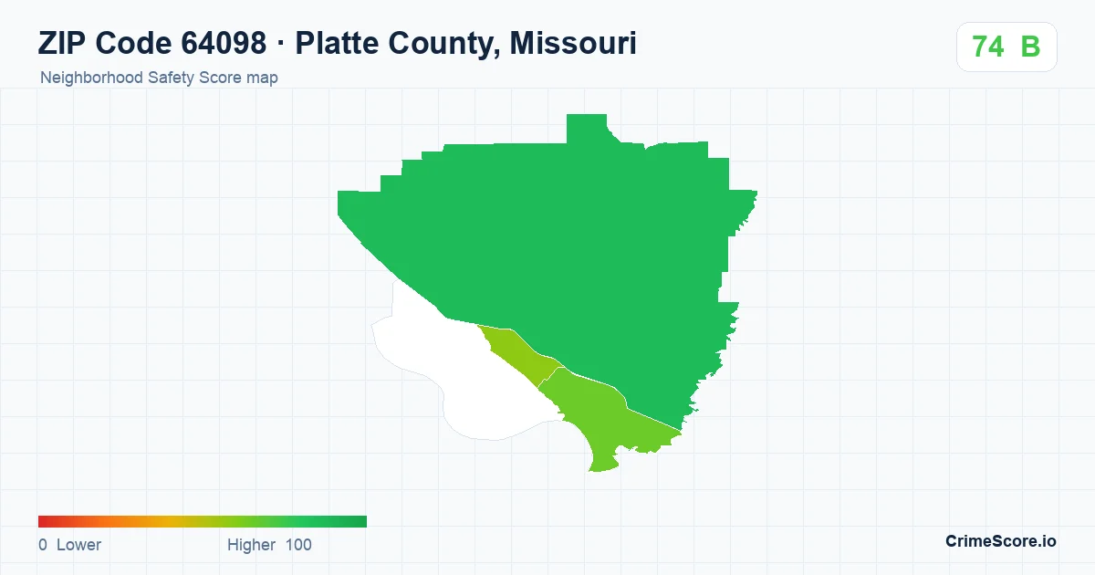 ZIP Code 64098 in Platte County, Missouri neighborhood Safety Score map