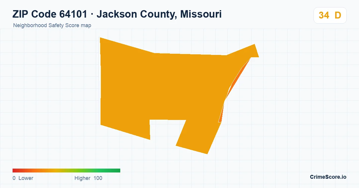 ZIP Code 64101 in Jackson County, Missouri neighborhood Safety Score map