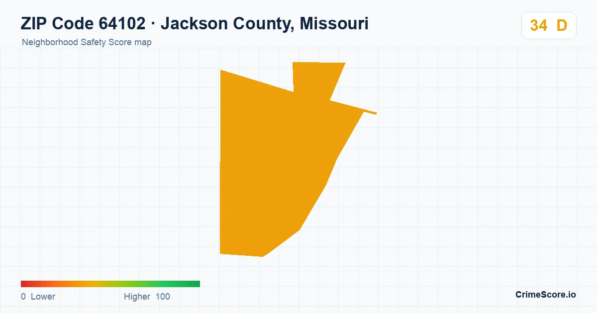 ZIP Code 64102 in Jackson County, Missouri neighborhood Safety Score map