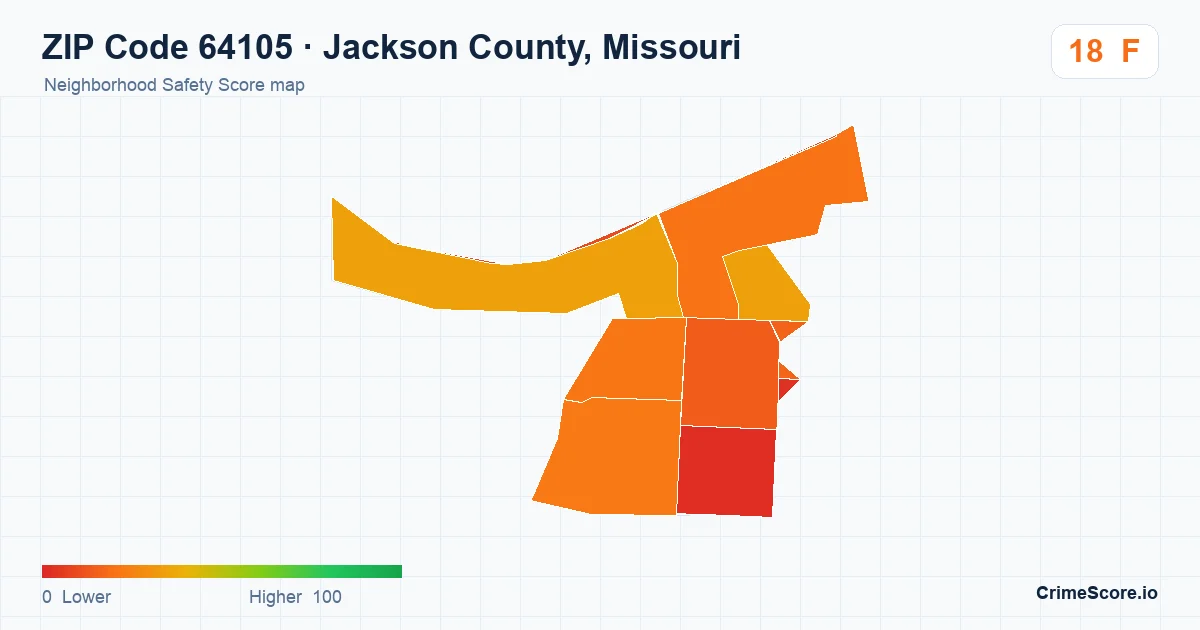 ZIP Code 64105 in Jackson County, Missouri neighborhood Safety Score map
