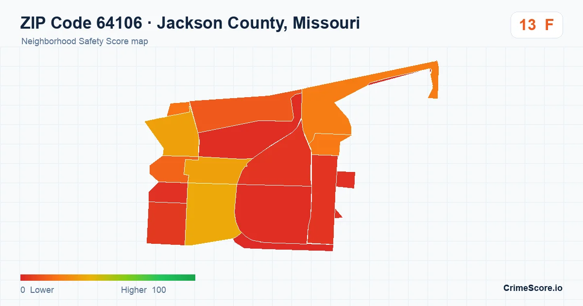 ZIP Code 64106 in Jackson County, Missouri neighborhood Safety Score map