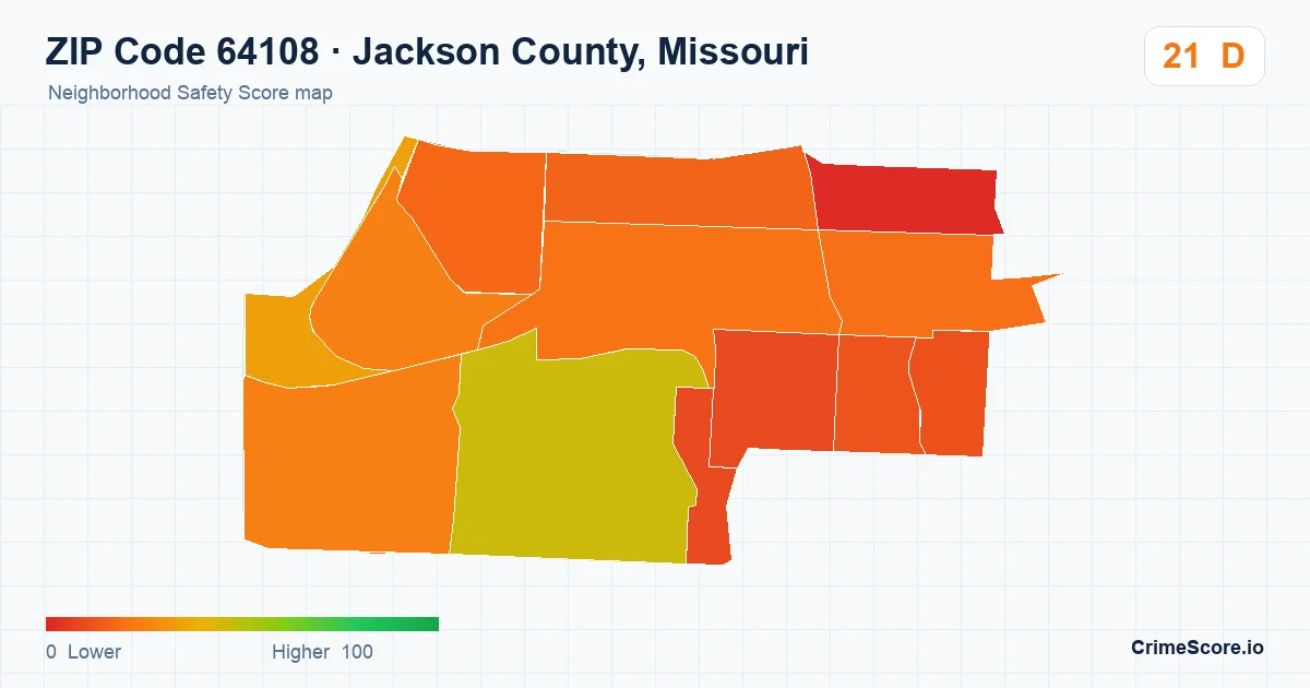 ZIP Code 64108 in Jackson County, Missouri neighborhood Safety Score map