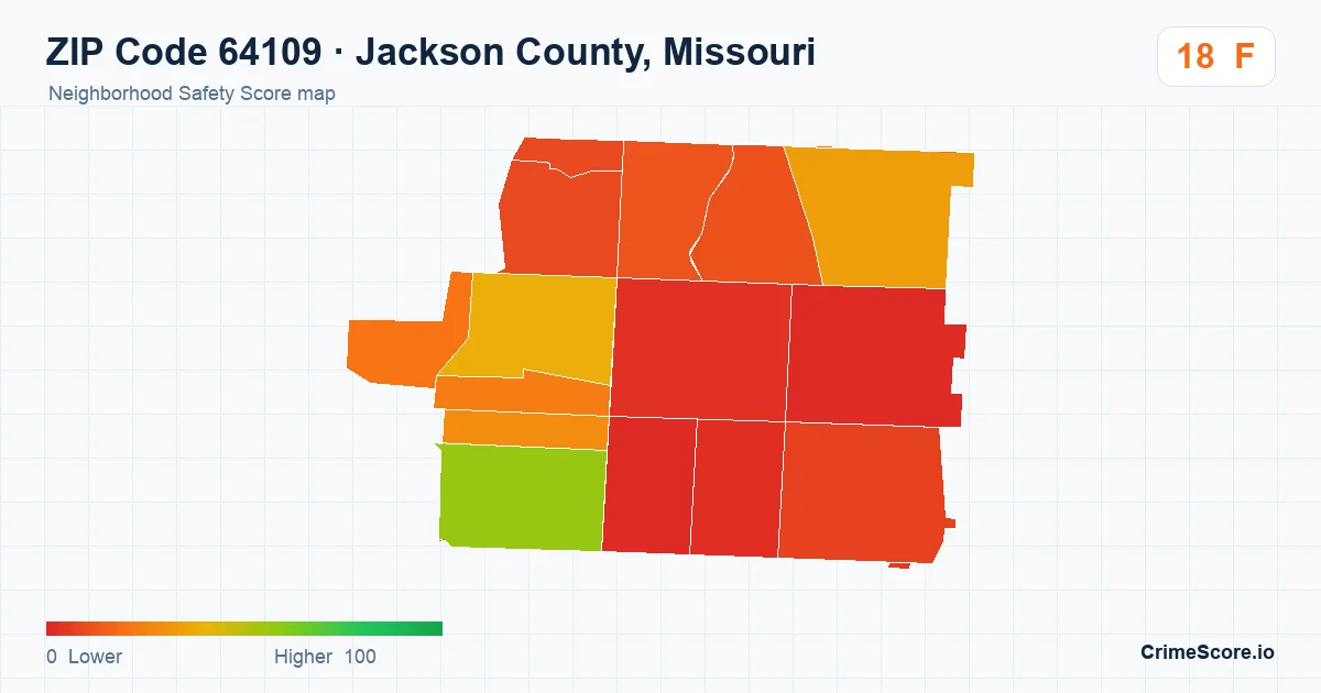 ZIP Code 64109 in Jackson County, Missouri neighborhood Safety Score map