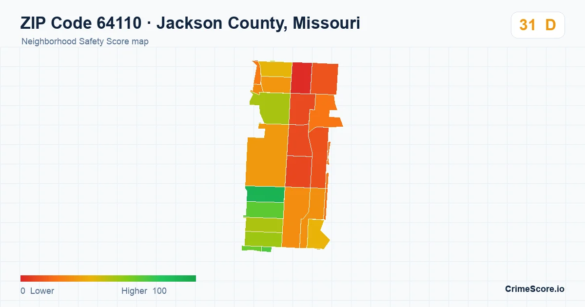 ZIP Code 64110 in Jackson County, Missouri neighborhood Safety Score map
