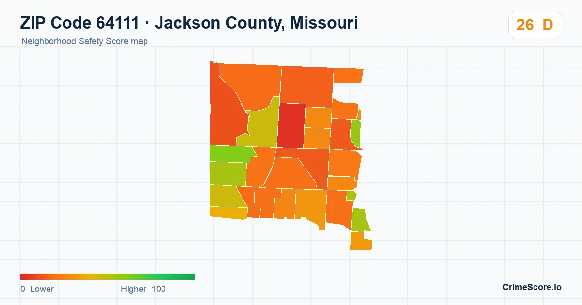 ZIP Code 64111 in Jackson County, Missouri neighborhood Safety Score map