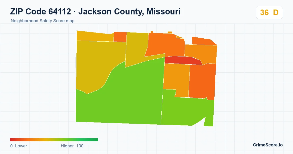 ZIP Code 64112 in Jackson County, Missouri neighborhood Safety Score map
