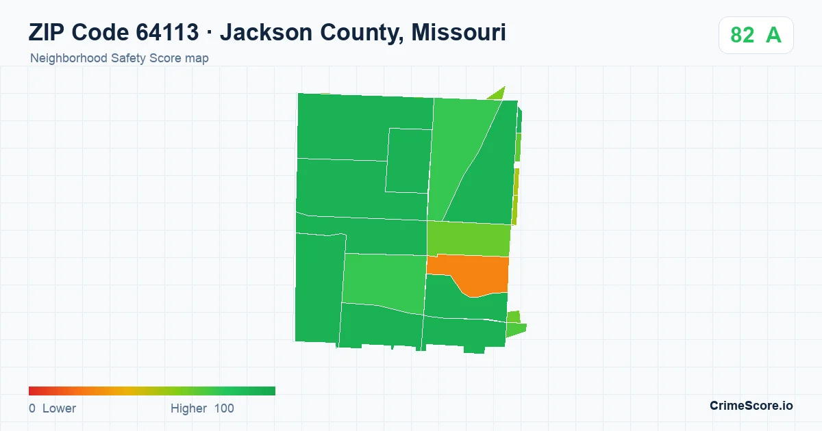 ZIP Code 64113 in Jackson County, Missouri neighborhood Safety Score map