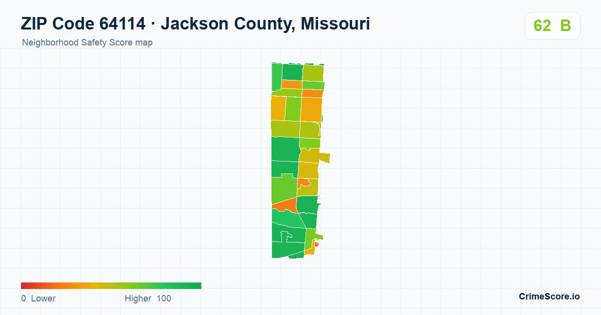 ZIP Code 64114 in Jackson County, Missouri neighborhood Safety Score map
