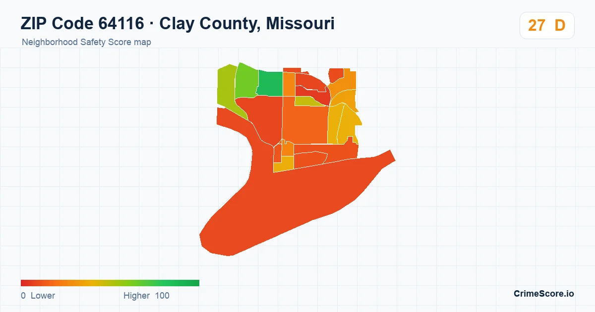 ZIP Code 64116 in Clay County, Missouri neighborhood Safety Score map