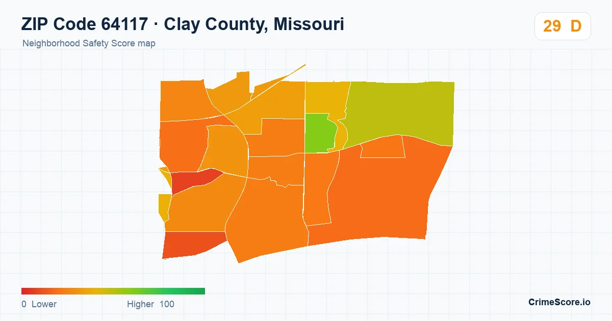 ZIP Code 64117 in Clay County, Missouri neighborhood Safety Score map
