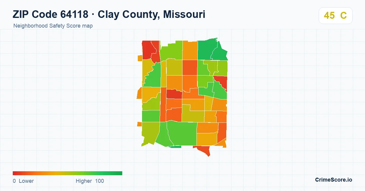 ZIP Code 64118 in Clay County, Missouri neighborhood Safety Score map