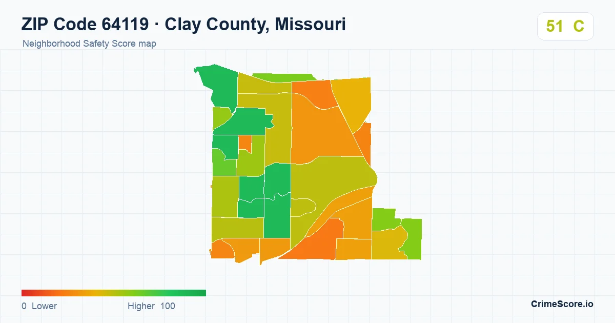 ZIP Code 64119 in Clay County, Missouri neighborhood Safety Score map